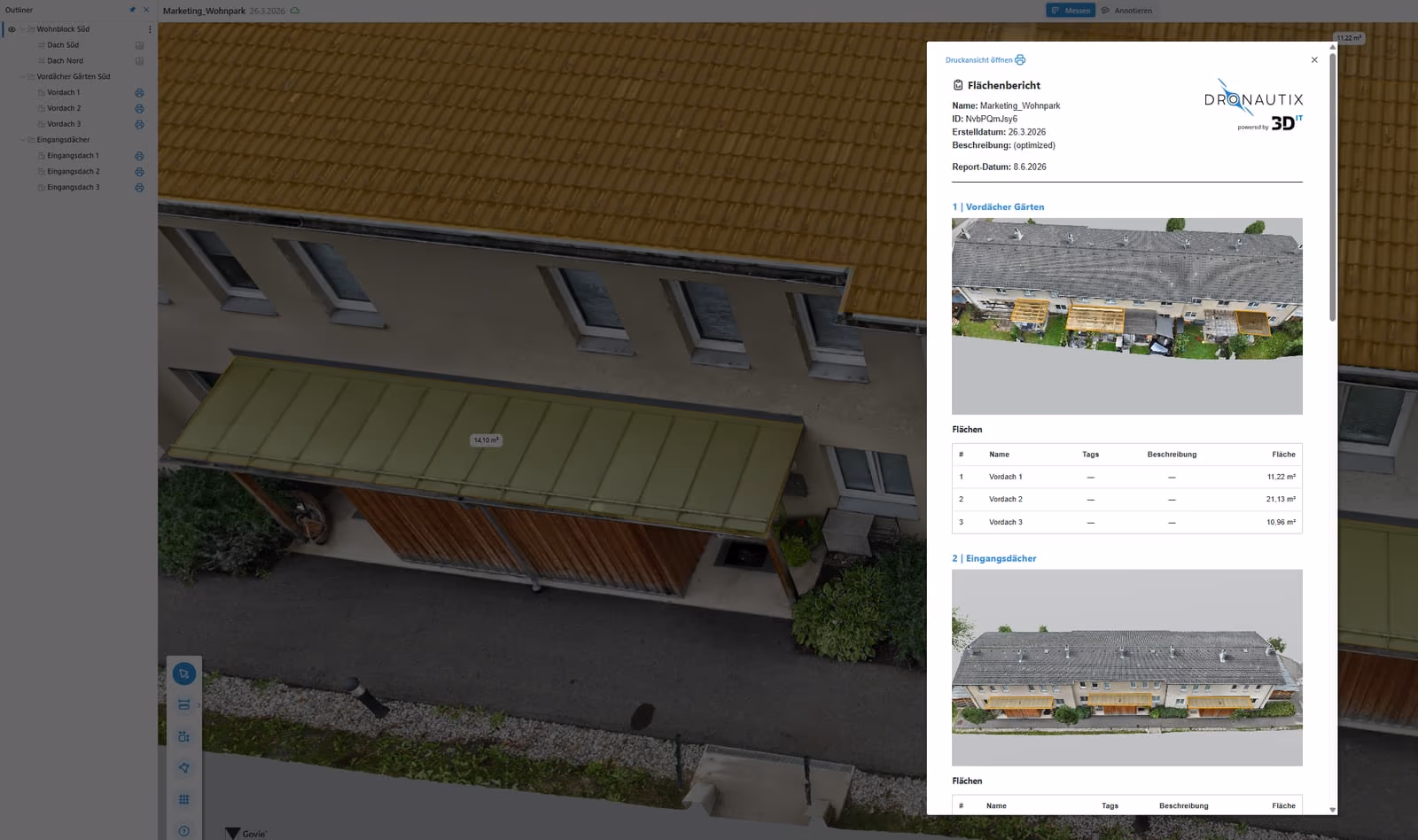 Residential complex as a 3D model with roof survey